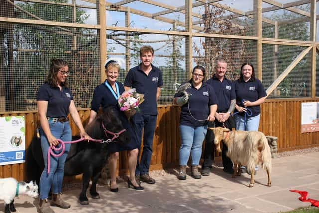 Staff and animals at the Small Breeds Farm with Herefordshire High Sheriff Helen Bowden at the new red squirrel enclosure