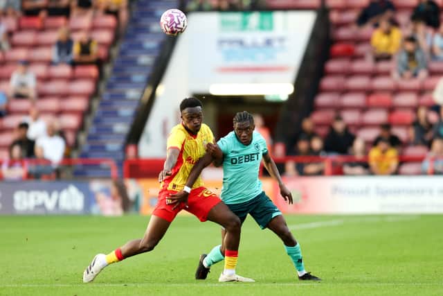 WALSALL, ENGLAND - JULY 30: Samson Baidoo of RC Lens battles for possession with Jean-Ricner Bellegarde of Wolverhampton Wanderers during the pre-season friendly match between Wolverhampton Wanderers and RC Lens at Pallet-Track Bescot Stadium on July 30, 2025 in Walsall, England. (Photo by Wolverhampton Wanderers FC/Wolves via Getty Images)