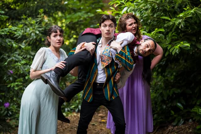 Hermia, Helena, Lysander and Demetrius in British Touring Shakespeare's A Midsummer Night's Dream. Photo: British Touring Shakespeare /Tom Godber