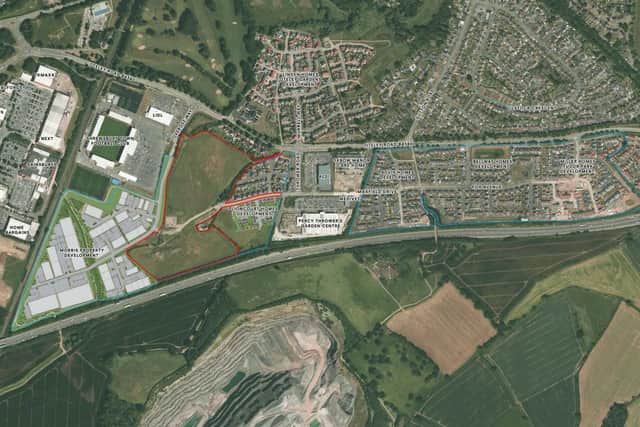 An aerial photograph and composite plan showing all of the development that has been completed in the area within and adjacent to the Sustainable Urban Extension (SUE). Picture: Google/Omega Architects