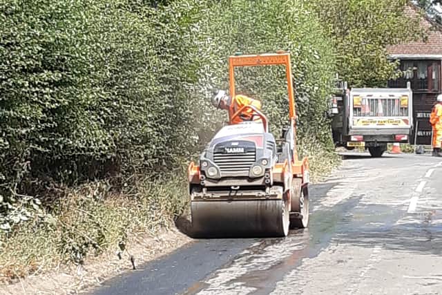 A roller is used to repair a road near Stapleton, Shropshire. Picture: LDRS