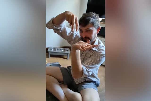 Daniel Tibbetts tells deaf dog Bruno that he is going for a walk via sign language in adorable video. This is the adorable way a couple tell their deaf dog it's time to go for a walk. Skye Tibbetts, 27, captured the endearing way her husband, Daniel Tibbetts, 29, tells their deaf dog, Bruno, it's time for walkies. The couple rescued Bruno just over three years ago and initially had no clue that he would be deaf. They realized quickly that Bruno did not respond to any noises and a vet confirmed he is 100% deaf, likely the result of a nasty ear infection. Skye and Dan started training Bruno to understand signing instructions and now want to share with others, so they can also train their deaf dogs.