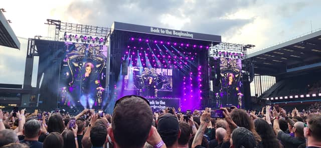 Black Sabbath on stage at Villa Park with Ozzy Osbourne on the big screen