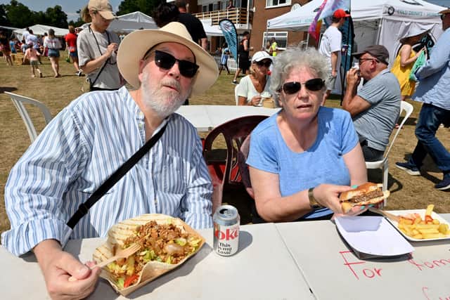 Geoffrey and Linda Evans tuck in at the Wrekin Eatin' festival