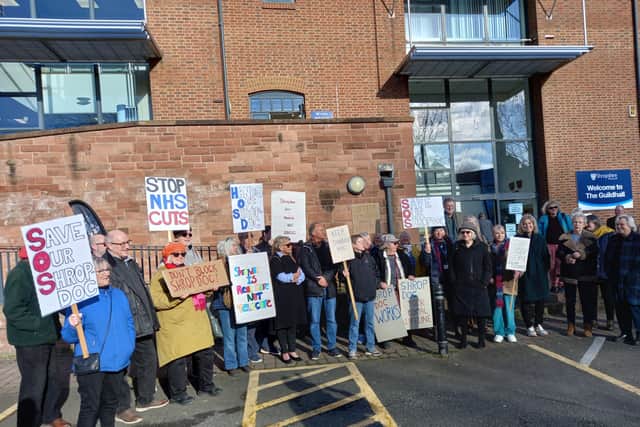 A protest was held outside The Guildhall in Shrewsbury to try and save the Shropdoc out-of-hours GP service. Picture: LDRS
