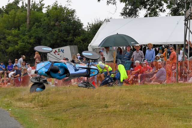 Going, going, gone! A competitor crashes near the crowd