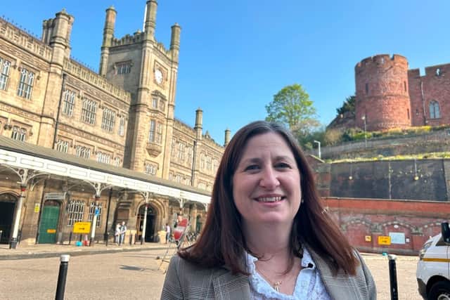 Julia Buckley MP outside Shrewsbury Railway Station.