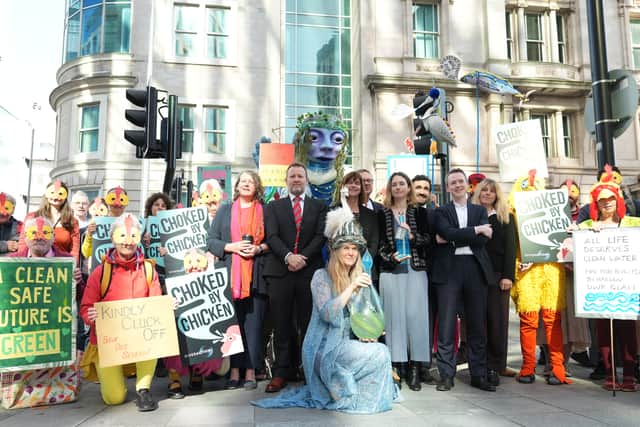 Activists gathered outside the High Court in Cardiff to protest about a chicken farm in Shropshire. Picture: River Action/A Heggerty