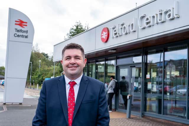 Shaun Davies MP outside Telford Central railway station.