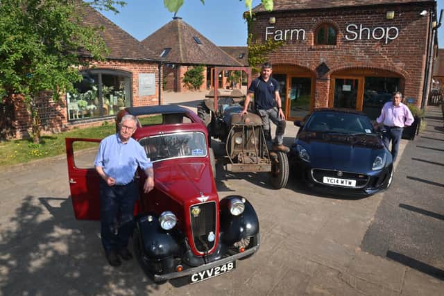 From left: Ken Edwards with a 1936 Austin Ruby, Nick Watkins with a 1959 Fordson Super Major and Graeme Manton with an F Type Jaguar