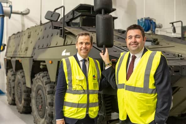 Shaun Davies MP (right) on a previous visit to Rheinmetall BAE Systems Land (RBSL)