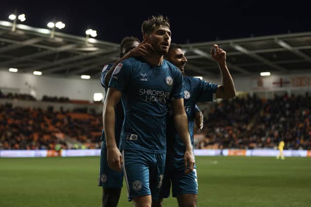 Tom Bloxham of Shrewsbury Town scores for the final time in a Town shirt (AMA)