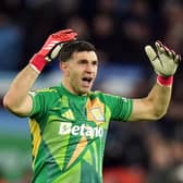 Aston Villa goalkeeper Emiliano Martinez reacts during the UEFA Champions League round of sixteen second leg match at Villa Park, Birmingham. Picture date: Wednesday March 12, 2025.