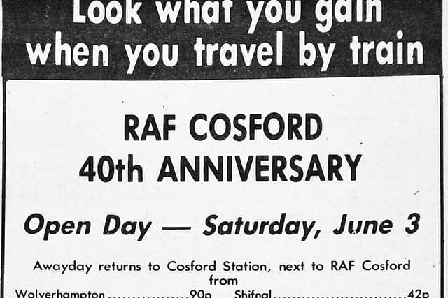 Advert in the Shropshire Star of Friday, June 2, 1978, referring to train travel to the RAF Cosford 40th anniversary celebrations the following day, Saturday, June 3, 1978