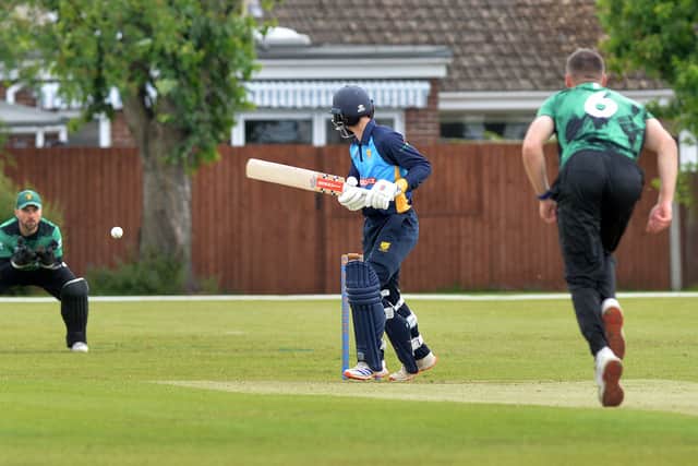 SPORT COPYRIGHT NATIONAL WORLD TIM STURGESS 01/06/25.Shropshire's NCCA Trophy quarter-final against Northumberland at Shifnal CC. Andre Bradford caught out.
