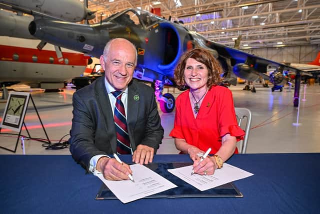 Sir Stuart Atha, director of defence capability at BAE Systems (left) with Maggie Appleton, RAF Museum CEO. Picture: RAF Museum