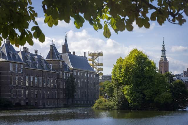Binnenhof viewpoint at the Hofvijver. On the upper platform, at a height of 28 metres, you have a unique view of the Binnenhof and the city centre of The Hague.