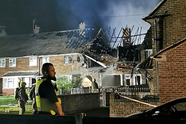 The explosion & fire on Shrewsbury Close in Bloxwich, Walsall. April 28, 2025. Release date April 29, 2025. A man is fighting for his life in a critical condition after suffering serious burn injuries in a house explosion. Emergency services were called to Shrewsbury Close in Bloxwich, Walsall, West Mids., following reports of the blast at around 9.30pm last night (Mon). Around 65 firefighters battled to bring the blaze under control and one person was assessed at the scene by paramedics before being discharged. West Midlands Ambulance Service was then called to another address three miles away on Lower Lichfield Street, in Willenhall, two hours later at 11.31pm. Crews found two men with burn injuries and rushed both to Birmingham's Queen Elizabeth Hospital. The service said the first man had suffered "critical injuries" while the second was treated for "serious burn injuries."