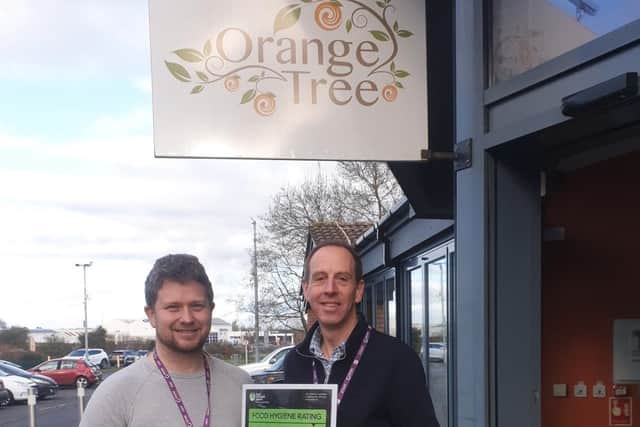 Andy, right, with chef lecturer and Rob Lee with the Orange Tree's five star food hygiene rating