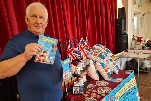 Councillor Stephen Handley with VE Day merchandise at Belmont Hall, Wellington. Picture: LDRS