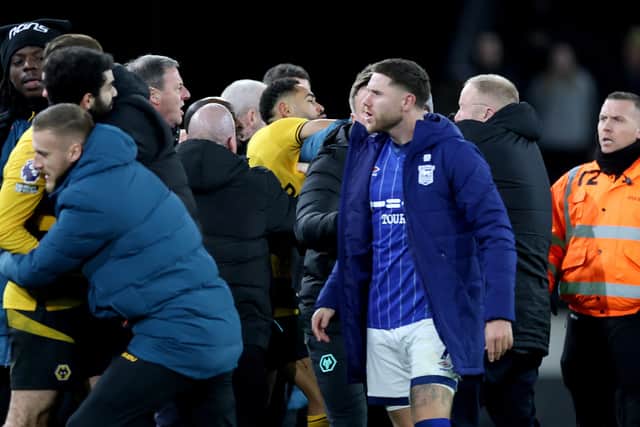 Matheus Cunha involved in an incident with a member of the Ipswich Town staff after their defeat against Ipswich. (Getty)
