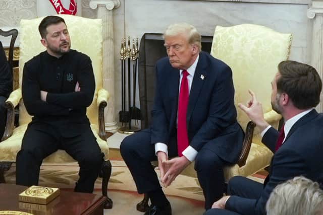 Vice president JD Vance, Ukrainian President Volodymyr Zelensky and President Donald Trump in the Oval Office (Mystyslav Chernov/AP)