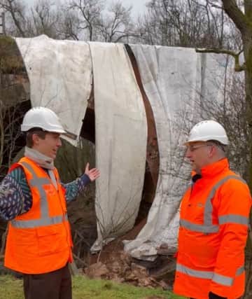 Famous trainspotter Francis Bourgeois talking to Jonathan ‘Gus’ Dunster at the landslip site. Picture: Gary Essex