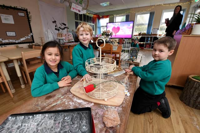 Children inside the innovative EYFS Hub at Much Wenlock Primary School. Joshua Allen, Lavinia Iqbal and George Hughes.