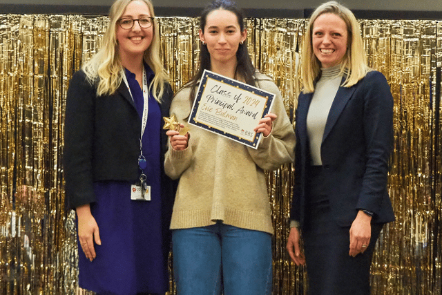 'Principal's Award' winner Evie Bulman with Marie Griffiths (left) and Caroline Bedford (right).