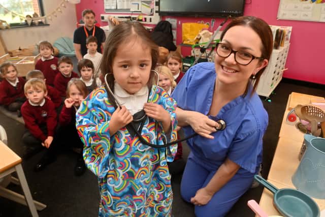 Becky Mammone visited Bowbrook Primary School teaching children about the body and her role as an Operating Department Practitioner, with pupil Amina, five