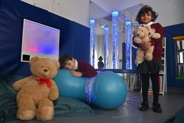 The sensory room at Bowbrook Primary School in Shrewsbury. Rheanna, aged six and Alex, aged five in the sensory room.