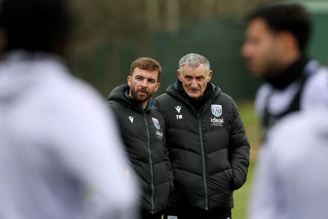 Tony Mowbray Head Coach of West Bromwich Albion speaks to James Morrison First Team Assistant Coach (Photo by Adam Fradgley/West Bromwich Albion FC via Getty Images)