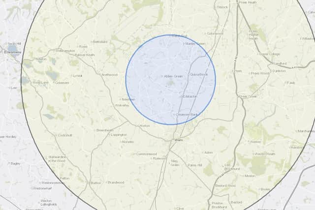 A map of the protection zone (blue circle) and surveillance zone near Wem. Image: DEFRA