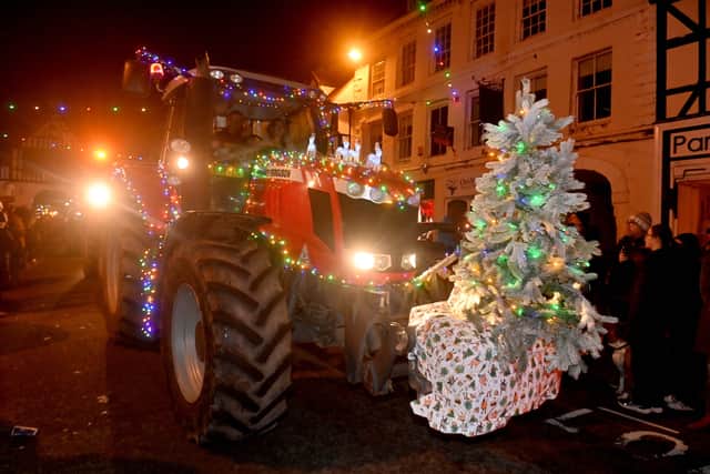 Bridgnorth Christmas Tractor Run as it passes Bridgnorth High Street.