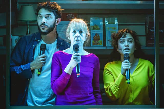 Samuel Gosrani, Victoria Brazier, and Charlotte Delima in Make Good: The Post Office Scandal, a Pentabus show.