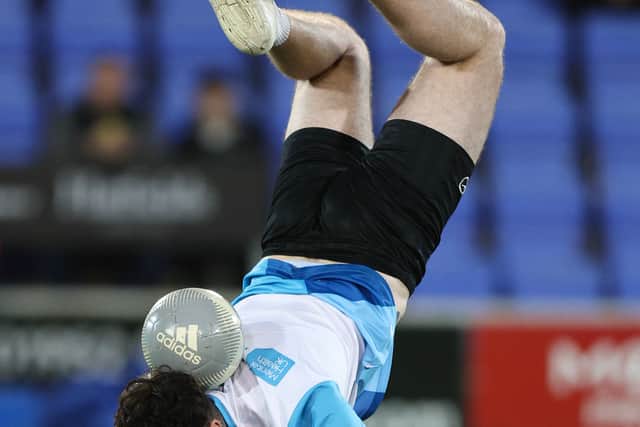 Football freestyler Jay Rosa performed at Shrewsbury Town last month. 