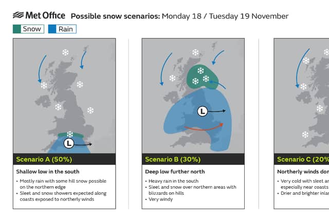 Met Office possible snow scenarios November 18-19 2024