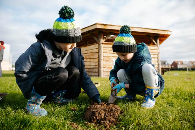Pupils helping at the tree planting event.
