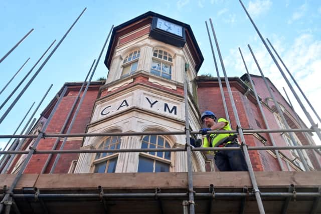 Scaffolding at the old YMCA building in Wellington, soon to be retail units and flats.