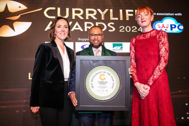 Curry Life Awards, Grosvenor Square, presenter Camilla Tominey with Harun Miah and Charlotte Nichols MP