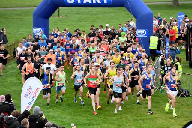 Shrewsbury Half Marathon starting from West Midland Showground.The runners set off..