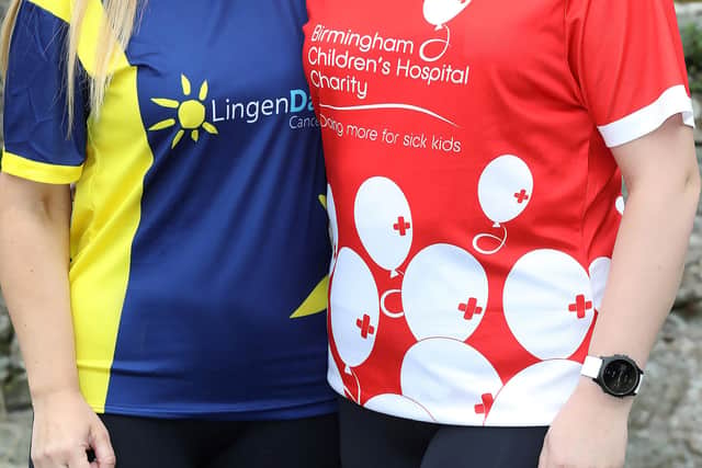 Katy Godsell (red) London Marathon pictures with Rachel Herbert (dark blue and yellow) and Ffion Evans (light blue) Picture by Phil Blagg Photography.