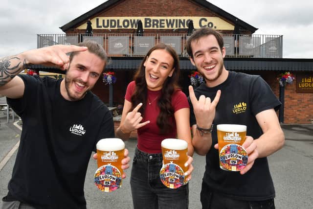 Rock On! Ludlow Brewery staff members Cody Palin, Molly Walters and Toby Clark with the new Ludlow Rocks IPA, which has been created for the Live at Ludlow Castle events..