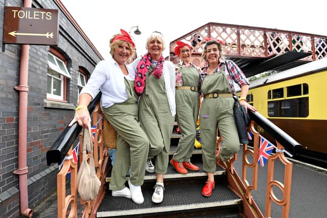 LAST COPYRIGHT NATIONAL WORLD PLC TIM THURSFIELD 06/7/24.1940's event at Severn Valley Railway, Bridgnorth..Landgirls Hilary Read, Carol Linton, Jayne Lancaster and Gerry Sweetman..