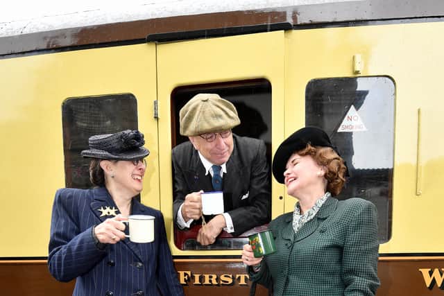 LAST COPYRIGHT NATIONAL WORLD PLC TIM THURSFIELD 06/7/24.1940's event at Severn Valley Railway, Bridgnorth..Tony Salter with Julie Salter and Rose Haynes..