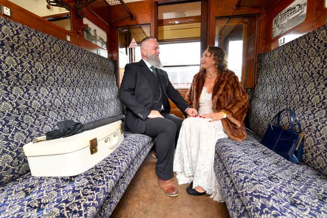 LAST COPYRIGHT NATIONAL WORLD PLC TIM THURSFIELD 06/7/24.1940's event at Severn Valley Railway, Bridgnorth..Conrad and Jo Webster..
