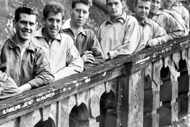 England players pose on the steps at Lilleshall Hall, where the national team used to train and prepare, in November 1958.