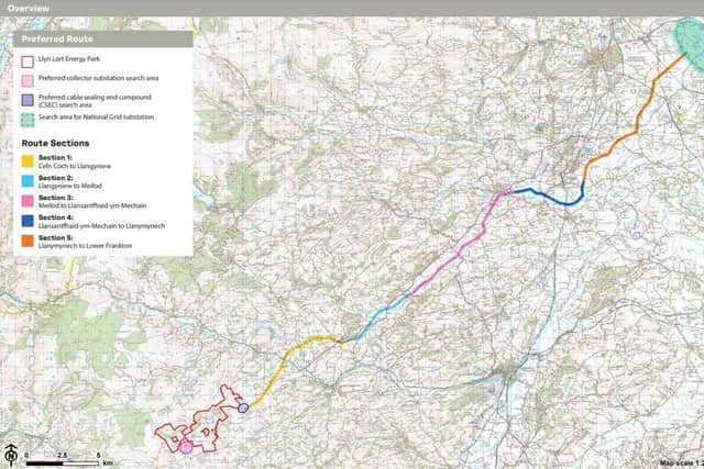 A map showing the route from Mid Wales into Shropshire.