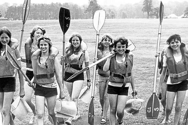 1975 - Equipped with paddles and lifejackets, girls from Ounsdale Comprehensive School, Wombourne, and Gnosall Comprehensive School, near Stafford.