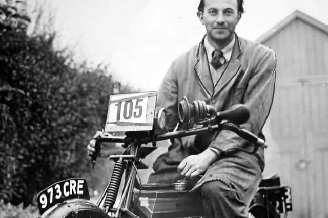 1954 - Despite the modern registration letters, this 3 h.p. Royal Enfield motor cycle dates from 1916. Mr J.G. Boulton, of Wombourn (sic), is riding it in tomorrow's sixth annual Oxford to Banbury run organised by the Vintage Motor Cycle Club.
